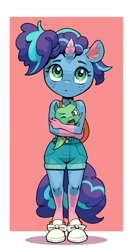 Size: 373x700 | Tagged: safe, artist:gor1ck, imported from derpibooru, anthro, dragon, plantigrade anthro, unicorn, spoiler:g5, spoiler:my little pony: make your mark chapter 2, spoiler:myms01e08, :|, clothes, duo, duo male and female, expressionless face, female, freckles, g5, have you seen this dragon?, holding a dragon, male, misty (pokémon), misty brightdawn, my little pony: make your mark, my little pony: make your mark chapter 2, namesake, open mouth, overall shorts, overalls, pokémon, pun, put me down, red background, scene interpretation, shadow, shoes, simple background, sparky sparkeroni, teenager, visual pun, younger