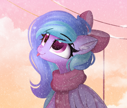 Size: 2060x1748 | Tagged: safe, artist:janelearts, imported from derpibooru, oc, oc only, pegasus, pony, bow, bust, catching snowflakes, clothes, ear fluff, female, folded wings, hair bow, looking up, mare, outdoors, pegasus oc, scarf, smiling, snow, snowfall, solo, three quarter view, tongue out, wings, winter
