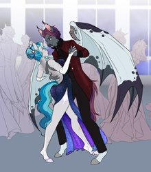 Size: 2008x2277 | Tagged: safe, artist:askbubblelee, imported from derpibooru, oc, oc only, oc:bubble lee, oc:orpheus, anthro, bat pony, unguligrade anthro, unicorn, alternate universe, anthro oc, bat pony oc, clothes, crowd, dancing, digital art, dress, eyeshadow, fangs, female, freckles, horn, lipstick, looking at each other, looking at someone, makeup, male, mare, scar, side slit, smiling, stallion, straight, suit, unicorn oc, willowverse