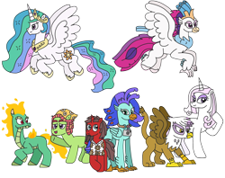Size: 3094x2448 | Tagged: safe, artist:supahdonarudo, imported from derpibooru, fleur-de-lis, gilda, princess celestia, queen novo, tree hugger, oc, oc:ironyoshi, oc:sea lilly, alicorn, classical hippogriff, dragon, earth pony, griffon, hippogriff, hybrid, longma, unicorn, them's fightin' herds, my little pony: the movie, anniversary, bandana, camera, clothes, community related, flying, happy birthday mlp:fim, jewelry, looking at each other, looking at someone, mane of fire, mlp fim's twelfth anniversary, necklace, raised hoof, shirt, simple background, spread wings, tianhuo (tfh), transparent background, wings