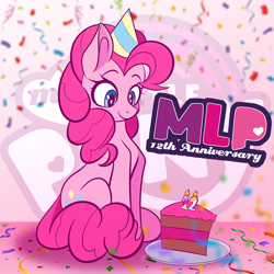 Size: 3000x3000 | Tagged: safe, artist:alexsc112, imported from derpibooru, pinkie pie, earth pony, pony, birthday cake, cake, cake slice, candle, confetti, eyebrows, food, g4, happy birthday mlp:fim, hat, logo, looking down, mlp fim's twelfth anniversary, party hat, plate, signature, sitting, smiling, solo