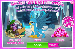 Size: 1954x1292 | Tagged: safe, imported from derpibooru, cozy glow, gallus, rarity, twilight sparkle, griffon, advertisement, box, bush, costs real money, crack is cheaper, crystal, english, flower, gameloft, gem, male, my little pony: magic princess, numbers, official, picture, picture frame, puppet, sale, skull, solo, solo focus, spread wings, text, wings
