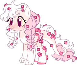 Size: 2553x2168 | Tagged: safe, artist:kurosawakuro, imported from derpibooru, oc, hybrid, pegasus, pony, base used, blushing, braid, colored hooves, colored wings, dot eyebrows, female, flower, flower in hair, freckles, interspecies offspring, mare, multicolored wings, offspring, parent:discord, parent:fluttershy, parents:discoshy, paws, pegasus oc, pink eyes, simple background, solo, standing, transparent background, watermark, wings