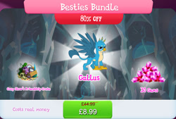 Size: 1267x857 | Tagged: safe, imported from derpibooru, cozy glow, gallus, rarity, twilight sparkle, griffon, box, bundle, bush, costs real money, crack is cheaper, crystal, english, flower, gameloft, gem, male, my little pony: magic princess, numbers, official, picture, picture frame, puppet, sale, skull, solo, solo focus, spread wings, text, wings