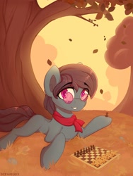 Size: 3000x4000 | Tagged: safe, artist:stravy_vox, imported from derpibooru, oc, oc only, earth pony, autumn, chess, commission, complex background, female, glasses, leaves, looking at you, mare, smiling, solo, tree
