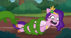 Size: 1504x802 | Tagged: safe, imported from derpibooru, screencap, pipp petals, pegasus, pony, spoiler:g5, spoiler:my little pony: tell your tale, spoiler:tyts01e18, bondage, cropped, female, fetish fuel, g5, headband, i've seen enough hentai to know where this is going, jewelry, mare, my little pony: tell your tale, on your cutie marks, open mouth, out of context, regalia, solo, spoiler, tentacles, tentacles on female, vine, vine bondage, you know for kids