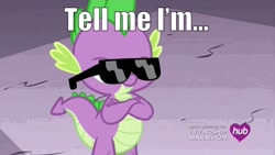 Size: 960x540 | Tagged: safe, edit, edited screencap, editor:undeadponysoldier, imported from ponybooru, screencap, spike, dragon, animated, cool, crossed arms, gif, hub logo, looking at you, raised eyebrow, sunglasses, talking to viewer