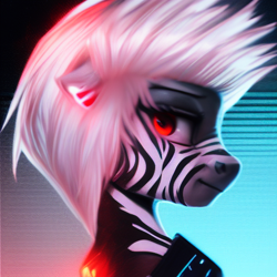 Size: 512x512 | Tagged: safe, oc, oc only, zebra, cyberpunk, female, looking at you, machine learning generated, portrait, red eyes, short hair, side view, solo, stable diffusion, white hair, zebra's ai gens