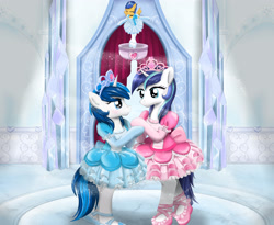 Size: 3300x2700 | Tagged: safe, artist:avchonline, imported from ponybooru, flash sentry, shining armor, oc, oc:feathertrap, pegasus, pony, unicorn, ballerina, ballet, ballroom, bondage, bow, clothes, commission, crossdressing, crystal empire, crystal palace, cute, dancing, dress, femboy, frilly, frilly dress, gay, jewelry, magical bondage, male, males only, music box, objectification, puffy sleeves, shrunken ponies, sissy, slippers, tiara, traditional art, tutu