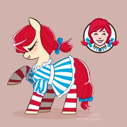Size: 1870x1870 | Tagged: safe, artist:syrupyyy, imported from derpibooru, pony, bow, clothes, dress, eyes closed, freckles, hair bow, mascot, ponified, ponytail, ponytober, raised hoof, socks, solo, striped socks, tail, tail bow, wendy's