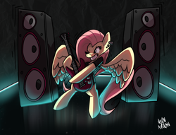 Size: 3000x2288 | Tagged: safe, artist:nyanakaru, imported from ponybooru, fluttershy, pegasus, pony, blue light, dark background, glow, guitar, musical instrument, one eye closed, piercing, pink hair, playing instrument, reflective floor, signature, solo, speakers, spread wings, wings