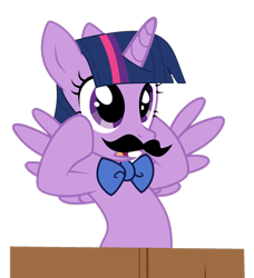 Size: 1568x1716 | Tagged: safe, artist:mint-light, artist:twilyisbestpone, imported from derpibooru, twilight sparkle, alicorn, pony, base used, bowtie, cute, d:, fake moustache, female, hooves on cheeks, mare, open mouth, pegasus wings, simple background, solo, spread wings, transparent background, twiabetes, twilight sparkle (alicorn), wings