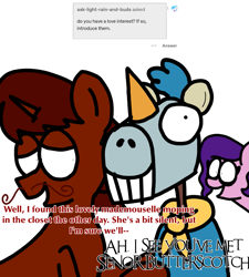 Size: 1275x1414 | Tagged: safe, artist:professorventurer, imported from derpibooru, pipp petals, oc, oc:enrique, pegasus, pony, unicorn, series:ask pippamena, g5, horn, moment killer, pippamena, señor butterscotch, unicorn oc