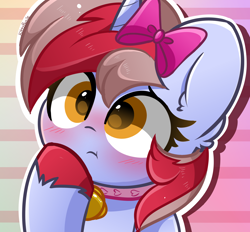 Size: 2800x2600 | Tagged: safe, artist:kittyrosie, imported from derpibooru, oc, oc only, oc:cinnamon lightning, pony, unicorn, bell, bell collar, collar, cute, female, mare, ocbetes, pink background, simple background, solo, unshorn fetlocks