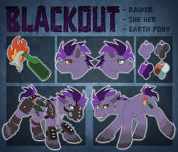 Size: 3500x3000 | Tagged: safe, artist:chvrchgrim, imported from derpibooru, oc, oc only, oc:blackout, earth pony, fallout equestria, earth pony oc, mohawk, molotov cocktail, piercing, raider, raider armor, reference sheet