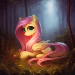 Size: 2048x2048 | Tagged: safe, imported from derpibooru, fluttershy, pegasus, pony, ai content, ai generated, cute, female, forest, g4, generator:stable diffusion, looking at you, mare, shyabetes