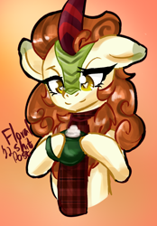 Size: 2400x3450 | Tagged: safe, artist:floralshitpost, imported from derpibooru, autumn blaze, kirin, autumn, bust, chocolate, clothes, commission, female, food, hot chocolate, lidded eyes, mug, scarf, simple background, solo, thick eyelashes, wingding eyes