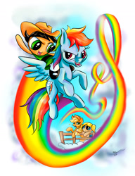 Size: 2000x2600 | Tagged: safe, artist:lytlethelemur, imported from derpibooru, applejack, rainbow dash, earth pony, human, pony, bubbles (powerpuff girls), buttercup (powerpuff girls), cloud, cowboy hat, fence, flying, hat, mouth hold, open mouth, rainbow, the powerpuff girls