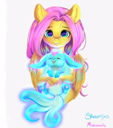 Size: 2900x3300 | Tagged: safe, artist:miokomata, artist:sketchiix3, imported from derpibooru, fluttershy, pegasus, pony, carbuncle, collaboration, crossover, cute, female, final fantasy, freckles, freckleshy, glowing, grin, high res, holding, looking at you, mare, shyabetes, simple background, smiling, smiling at you, white background