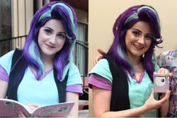 Size: 2804x1869 | Tagged: safe, artist:sarahndipity cosplay, imported from derpibooru, starlight glimmer, human, equestria girls, mirror magic, spoiler:eqg specials, book, clothes, cosplay, costume, everfree northwest, everfree northwest 2019, grin, irl, irl human, photo, smiling