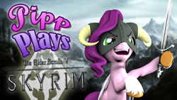 Size: 1920x1080 | Tagged: safe, artist:pika-robo, imported from derpibooru, pipp petals, pegasus, pony, series:pipp plays, 3d, anniversary, bipedal, clothes, cosplay, costume, dovahkiin, elder scrolls, fake thumbnail, female, folded wings, g4, g5, g5 to g4, gamer pipp, generation leap, helmet, hoof hold, horned helmet, let's play, mare, mountain, mountain range, open mouth, open smile, raised hoof, skyrim, smiling, solo, source filmmaker, sword, the elder scrolls, weapon, wings, youtube thumbnail