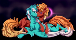 Size: 4167x2191 | Tagged: safe, artist:1an1, imported from derpibooru, oc, oc only, oc:phoenix redtail, pegasus, pony, unicorn, blushing, colored wings, duo, eyes closed, female, female oc, fox tail, horn, kissing, male, male oc, multicolored wings, pegasus oc, pony oc, smiling, smirk, spread wings, straight, tail, unicorn oc, wings