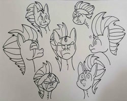 Size: 1865x1489 | Tagged: safe, artist:spoopygirl, imported from derpibooru, tempest shadow, unicorn, broken horn, commission, emotions, female, horn, lineart, scar, sketch, sketch dump, traditional art