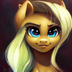 Size: 512x512 | Tagged: safe, imported from derpibooru, pony, ai content, ai generated, bust, generator:purplesmart.ai, generator:stable diffusion, looking at you, not applejack, portrait, random pony, signature, smiling, smiling at you, solo