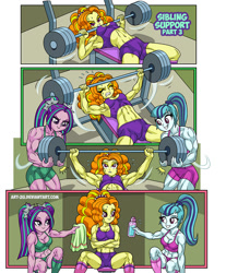 Size: 826x1000 | Tagged: safe, artist:art-2u, imported from derpibooru, adagio dazzle, aria blaze, sonata dusk, human, comic:sibling support, equestria girls, abs, acardio dazzle, aria buff, barbell, bench press, breasts, cleavage, clothes, comic, commission, encouragement, female, muscles, muscular female, pigtails, ponytail, socks, sports bra, sweat, swolenata dusk, the dazzlings, towel, trio, trio female, twintails, water bottle, weight lifting, weights, workout, workout outfit