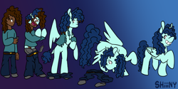Size: 4000x2000 | Tagged: safe, artist:shiiiny, imported from derpibooru, oc, oc:shiiiny, human, pegasus, pony, belt, blank flank, cellphone, clothes, denim, gradient background, grin, human to pony, jeans, open mouth, pants, pegasus oc, phone, ponysona, ponytober, signature, smiling, sweater, torn clothes, transformation, transformation sequence