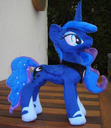 Size: 833x960 | Tagged: safe, artist:justiceofelements, imported from derpibooru, princess luna, alicorn, pony, ethereal mane, female, folded wings, g4, irl, jewelry, mare, photo, plushie, regalia, slim, solo, standing, starry mane, starry tail, tail, wings