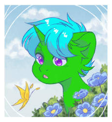 Size: 1100x1200 | Tagged: safe, artist:tvorozhok, imported from derpibooru, oc, oc:green byte, butterfly, pony, unicorn, commission, ear fluff, flower, male, stallion, ych result