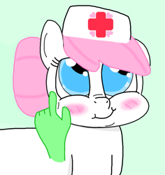 Size: 877x929 | Tagged: artist needed, source needed, safe, imported from derpibooru, nurse redheart, oc, oc:anon, earth pony, human, pony, blushing, cheek pinch, disembodied hand, female, green background, hand, hat, mare, nurse hat, simple background