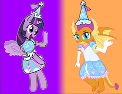 Size: 744x574 | Tagged: safe, artist:darlycatmake, imported from derpibooru, smolder, twilight sparkle, alicorn, dragon, beautiful, clothes, costume, cute, dragoness, dress, dressup, duo, duo female, female, flying, froufrou glittery lacy outfit, gloves, halloween, halloween costume, happy, hat, hennin, holiday, long gloves, looking at you, open mouth, pretty, princess, princess smolder, smiling, smolder also dresses in style, smolderbetes, spread wings, twilight sparkle (alicorn), waving, wings