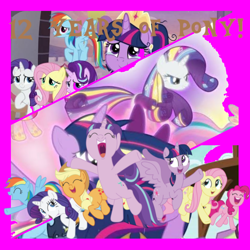 Size: 1044x1044 | Tagged: artist needed, safe, artist:decokenite, imported from derpibooru, applejack, fluttershy, pinkie pie, rainbow dash, rarity, starlight glimmer, twilight sparkle, alicorn, earth pony, pegasus, pony, unicorn, the cutie re-mark, the last problem, twilight's kingdom, anniversary, female, happy, mane six, mare, mlp fim's twelfth anniversary, rainbow power, stalin glimmer, twilight sparkle (alicorn)