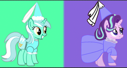 Size: 766x415 | Tagged: safe, artist:darlycatmake, imported from derpibooru, lyra heartstrings, starlight glimmer, earth pony, pony, unicorn, clothes, costume, dress, dressup, duo, duo female, female, halloween, halloween costume, happy, hat, hennin, holiday, long sleeves, princess, princess lyra heartstrings, princess starlight glimmer, smiling