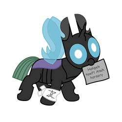 Size: 3000x3000 | Tagged: safe, alternate version, artist:theunidentifiedchangeling, imported from derpibooru, oc, oc:[unidentified], changeling, arm band, buggo, changeling oc, cute, cuteling, derp, digital art, foal, horn, intentional spelling error, mlp fim's twelfth anniversary, mouth hold, paper, simple background, solo, spread wings, transparent background, wings