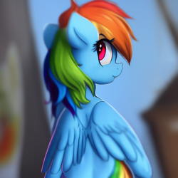 Size: 512x512 | Tagged: safe, imported from derpibooru, prompter:firenhooves, rainbow dash, pony, ai content, ai generated, closed mouth, generator:purplesmart.ai, generator:stable diffusion, hair, looking back, wings