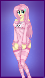 Size: 2396x4092 | Tagged: safe, alternate version, artist:lennondash, imported from derpibooru, fluttershy, human, equestria girls, breasts, busty fluttershy, butterfly hairpin, clothes, cute, female, open mouth, out of frame, pajamas, purple background, schrödinger's pantsu, shyabetes, simple background, socks, solo, striped socks, sweater, sweatershy, thigh highs