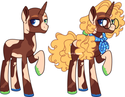 Size: 3626x2812 | Tagged: safe, artist:kurosawakuro, imported from derpibooru, oc, pony, unicorn, bandana, base used, blue eyes, coat markings, colored hooves, glasses, green eyes, heterochromia, horn, magical gay spawn, male, offspring, parent:cheese sandwich, parent:trenderhoof, ponytail, raised hoof, simple background, slim, socks (coat markings), solo, stallion, tall, transparent background, unicorn oc