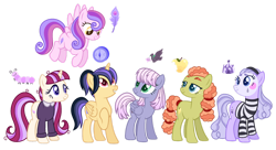 Size: 1280x695 | Tagged: safe, artist:s0ftserve, imported from derpibooru, oc, oc only, oc:apple munchies, oc:bookworm, oc:dove song, oc:feather dance, oc:pantomime, oc:true north, earth pony, pegasus, pony, unicorn, base used, female, magical lesbian spawn, mare, offspring, parent:applejack, parent:daring do, parent:derpy hooves, parent:fleur-de-lis, parent:fluttershy, parent:moondancer, parent:pinkie pie, parent:rainbow dash, parent:rarity, parent:tree hugger, parent:trixie, parent:twilight sparkle, parents:daringlight, parents:derpity, parents:fleurdash, parents:flutterdancer, parents:treejack, parents:trixiepie, simple background, transparent background