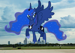 Size: 1920x1348 | Tagged: safe, artist:santafer, artist:thegiantponyfan, imported from derpibooru, princess luna, alicorn, pony, charlotte, crown, female, folded wings, g4, giant alicorn, giant pony, giantess, highrise ponies, hoof shoes, irl, jewelry, macro, mega giant, mega luna, north carolina, photo, ponies in real life, regalia, solo, wings