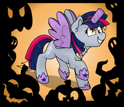 Size: 2503x2160 | Tagged: safe, artist:cadetredshirt, imported from derpibooru, derpy hooves, ghost, pegasus, pony, undead, alicorn costume, cardboard wings, clothes, costume, cute, digital art, ear fluff, fake horn, fake wings, female, g4, gray coat, halloween, halloween costume, high res, holiday, jewelry, mare, mlp fim's twelfth anniversary, nightmare night, nightmare night costume, pumpkin, raised hoof, raised leg, regalia, shading, silhouette, simple background, smiling, solo, spooky, spread wings, teeth, toilet paper roll, toilet paper roll horn, twilight muffins, walking, wig, wings, yellow eyes