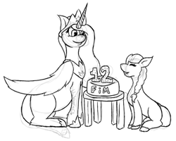 Size: 1280x1024 | Tagged: safe, artist:lil_vampirecj, imported from derpibooru, sunny starscout, twilight sparkle, alicorn, earth pony, pony, anniversary, anniversary art, birthday, birthday cake, cake, crown, food, g4, g5, happy birthday mlp:fim, hoof shoes, jewelry, looking at each other, looking at someone, looking down, mlp fim's twelfth anniversary, outlines only, regalia, simple background, sketch, sunny and her heroine, table, twilight sparkle (alicorn), white background