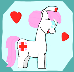 Size: 1118x1096 | Tagged: artist needed, source needed, safe, imported from derpibooru, nurse redheart, earth pony, pony, blue background, female, floating heart, heart, mare, open mouth, simple background, smiling, solo