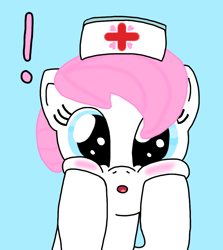 Size: 862x968 | Tagged: artist needed, source needed, safe, imported from derpibooru, nurse redheart, earth pony, pony, :o, blue background, blushing, exclamation point, female, hat, looking at you, mare, nurse hat, open mouth, simple background, solo, surprised