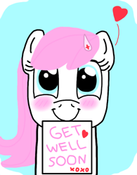 Size: 606x776 | Tagged: artist needed, source needed, safe, imported from derpibooru, nurse redheart, earth pony, pony, blue background, blushing, female, get well soon, hairpin, heart, looking at you, mare, mouth hold, simple background, smiling, solo