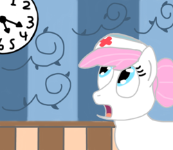 Size: 670x584 | Tagged: artist needed, source needed, safe, imported from derpibooru, nurse redheart, earth pony, pony, clock, female, hat, hospital room, mare, nurse hat, open mouth, solo, surprised