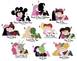 Size: 2816x2232 | Tagged: safe, artist:nathaniel718, imported from derpibooru, discord, pinkie pie, anthro, adventure time, arnold shortman, billy (billy and mandy), canon ship, cartoon network, comedy central, crossover, crossover shipping, discopie, discovery family, female, gaz membrane, helga pataki, hey arnold, invader zim, jenny princess, kermit the frog, kids friends, kissing, male, mandy, mickey mouse, mickminn, minnie mouse, miss piggy, nate hansen, nenny, nergal, nergal and princess bubblegum, nickelodeon, numbered, numbers, princess bubblegum, shipping, shortaki, simple background, south park, stan marsh, stendy, straight, the fairly oddparents, the grim adventures of billy and mandy, the muppets, timmy turner, timtrix, trixie tang, wendy testaburger, white background, zagr, zim