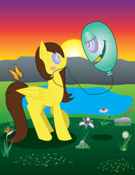 Size: 2550x3300 | Tagged: safe, artist:billy2345, imported from derpibooru, discord, oc, oc:golden lily, pegasus, pony, balloon, blushing, discord balloon, female, hypnosis, hypnotized, implied discord, mare, sunset